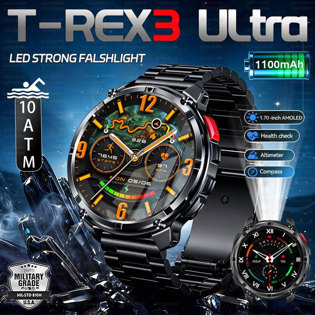 GUHUAVMI T-Rex3 Ultra GPS Smartwatch für Männer mit Bluetooth Anruffunktion, Wasserdichtigkeit und Kompass in Schwarz und Silber - Bild 1
