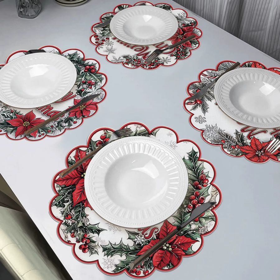 VIKAMA Set aus 4 runden Weihnachts-Stechpalmen-Platzsets für Tischdekoration und Bankette - Bild 2