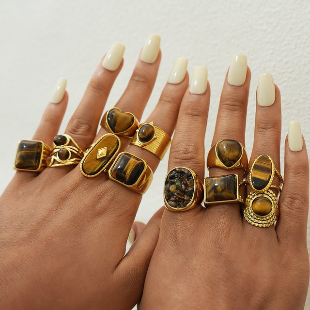 Uself Ring Edelstahl, brauner Stein, Gold, Damen, Vintage - Bild 1