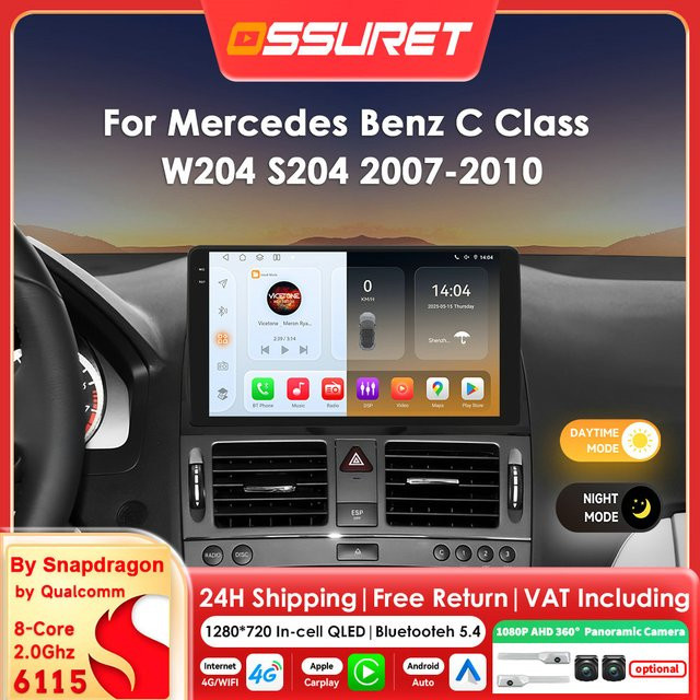OSSURET 9 Zoll 2DIN Android 14 Autoradio mit Carplay für Mercedes Benz C-Klasse W204 S204 2007-2010, 8-Core Multimedia-System mit 360 Grad Kamera Unterstützung, Schwarz - Bild 1