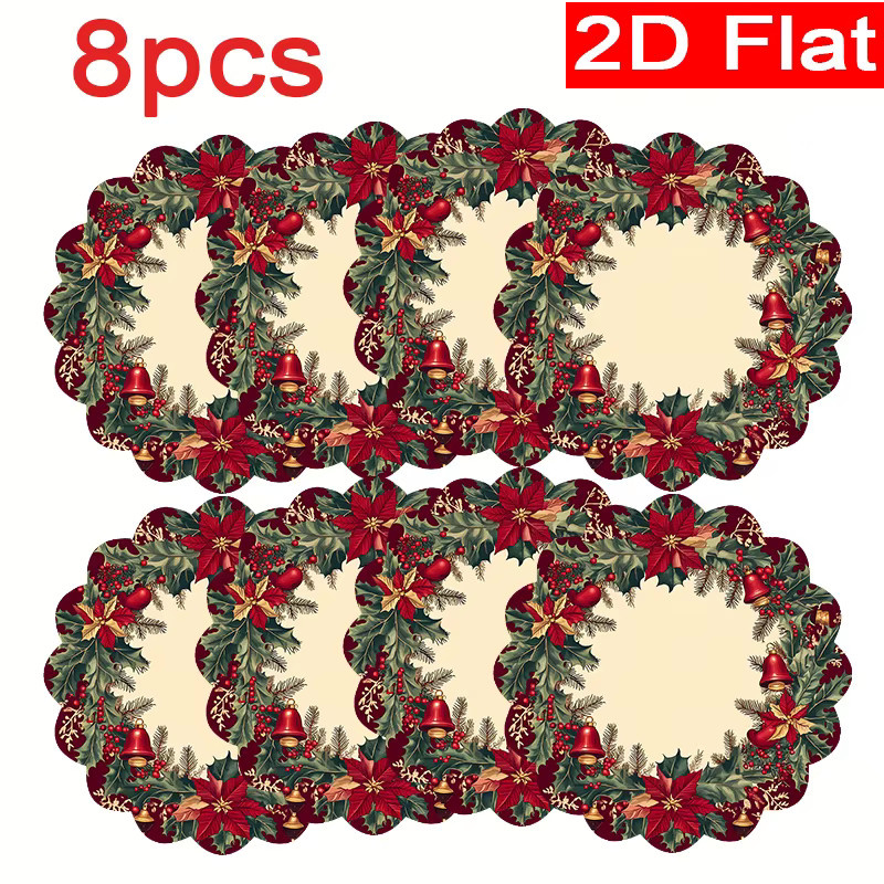 VIKAMA 8er Set Weihnachts-Tischsets mit Stechpalmenblättern, roten Beeren und Glocken in Rot und Grün - Bild 2