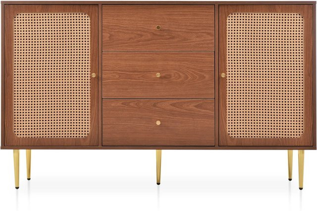 okwish Kommode mit Rattan-Design und Schubladen in Nussbaum Braun, B/H/T: 90 x 150 x 40 cm - Bild 1