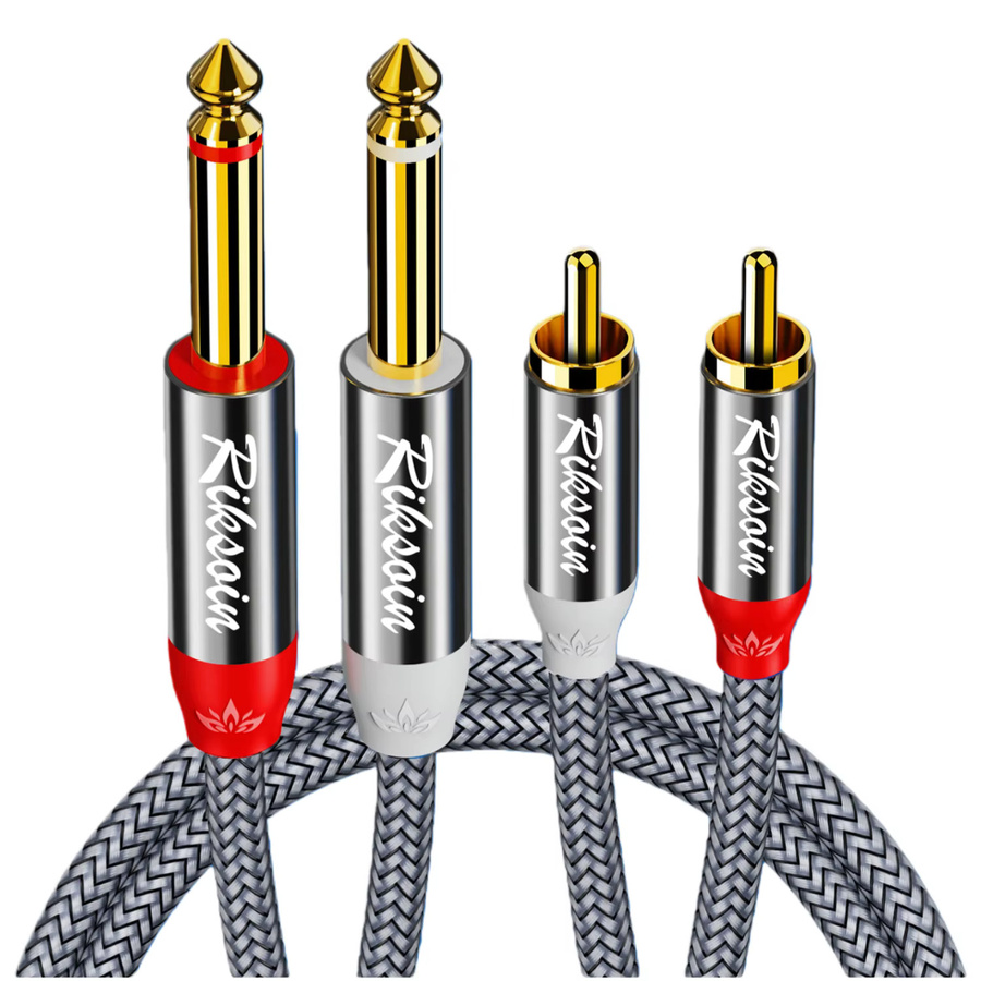 Riksoin Stereo-Audiokabel 2x 6,35-mm-TS auf Dual-RCA mit vergoldeter Kupferhülle in Grau - Bild 3