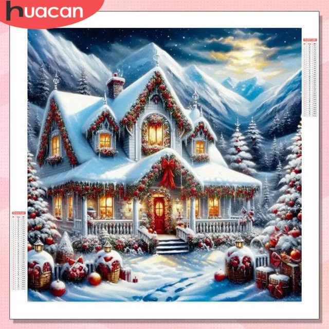 HUACAN Diamant-Malerei Winterlandschaft mit weihnachtlichem Haus als Wanddekoration mit runden Mosaik-Steinen - Bild 1