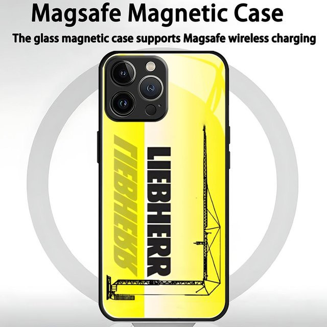 Magnetische Glas Handyhülle für iPhone 11 bis 16 Pro Max mit Liebherr Bagger Motiv in Gelb - Bild 1