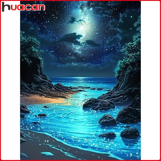 Huacan 5D DIY Diamantmalerei Landschaft Nachtige Berge und Küste in Blau, B/H: 30 x 20 cm - Bild 1