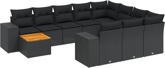 vidaXL 11-tlg. Garten-Sofagarnitur in L-Form aus Poly-Rattan und Akazienholz mit Kissen in Schwarz - Bild 1