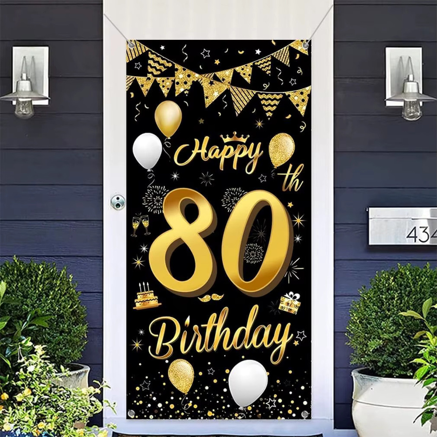 OURFETE Geburtstag Banner zum 80. Geburtstag in Schwarz-Gold mit Ballon-Konfetti-Muster, B: 180 cm, H: 90 cm - Bild 2