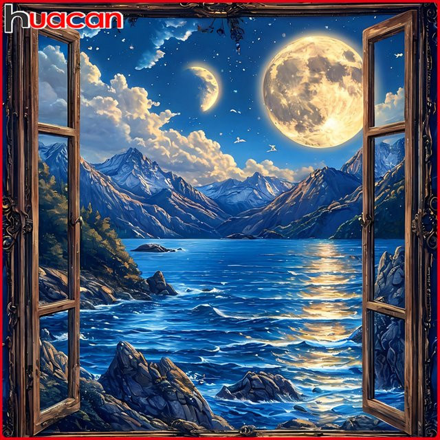 Huacan Diamantgemälde Landschaft mit Meer, Berg und Mond in Blau als dekoratives Diamantmosaik Set - Bild 1