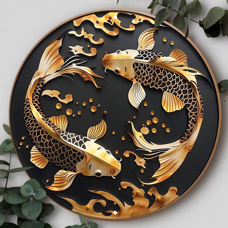 HELLOYOUNG Metallschild Fisch-Dekoration Gold, Rundes Wandposter mit Tier-Motiv, Durchmesser: 20 cm - Bild 2