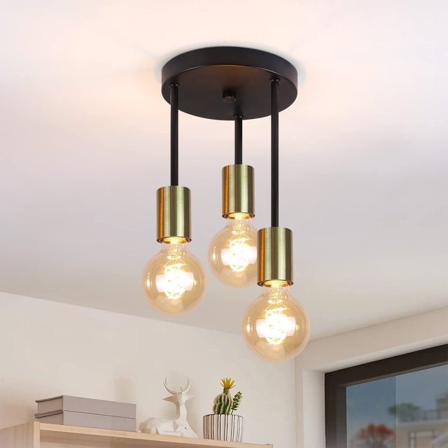 Cliheet Deckenleuchte Gold und Schwarz, 3-flammige Vintage Industrielampe mit E27 Fassungen für Wohnzimmer und Flur - Bild 1