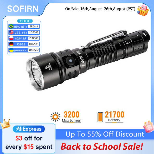 SOFIRN SK40 Taktische LED Taschenlampe in Schwarz mit 3200 Lumen und SFT70 LED, IP68 wasserdicht - Bild 1