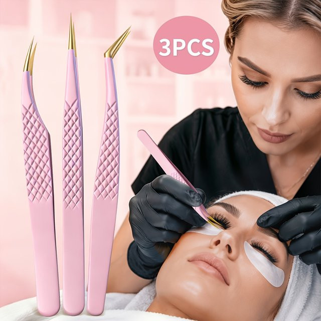 3-teiliges Wimpernpinzette-Set aus Edelstahl, rosa, glänzend - Bild 1