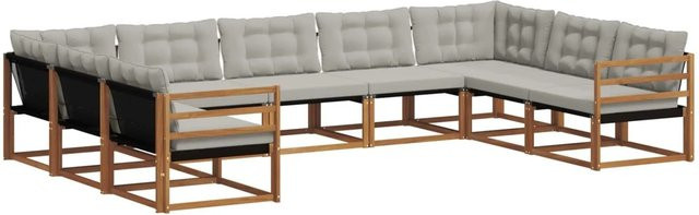 vidaXL Outdoor-Sofagarnitur 9-teilig aus massivem Akazienholz mit Textilene und Kissen in Natur und Hellgrau - Bild 1
