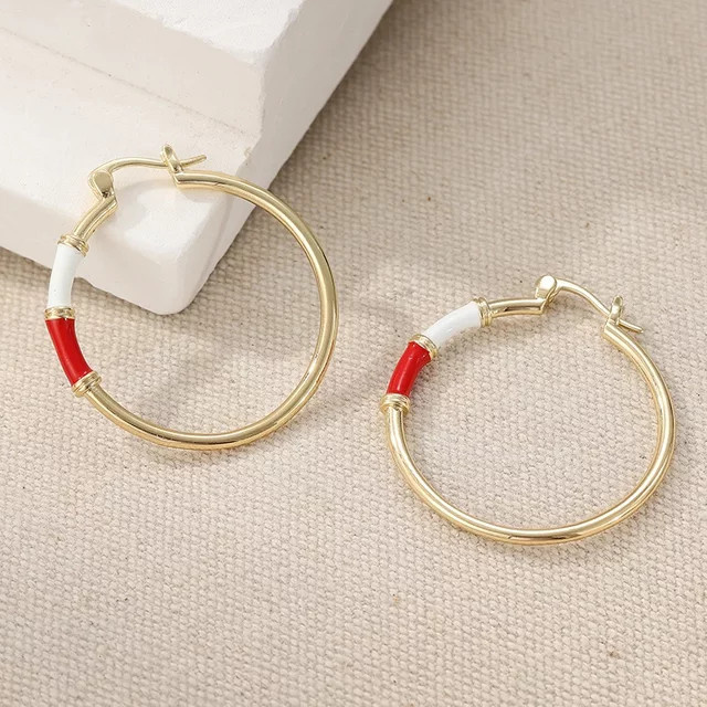 YoYo Creolen, Gold, weiß-rot emailliert, Damen, Vintage - Bild 1