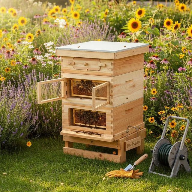 Fenê Langstroth Bienenstock-Set aus Fichtenholz mit 30 Rähmchen und Bienenwachs-Beschichtung, Farbe: Braun/Grün - Bild 1