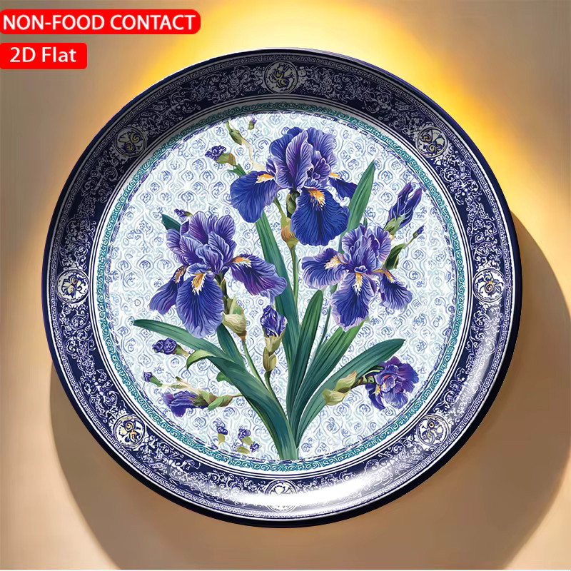 FORJN Keramik-Dekorplatte mit blauem Iris-Blumenmuster, runde Wandplatte, Durchmesser: 20 cm - Bild 5