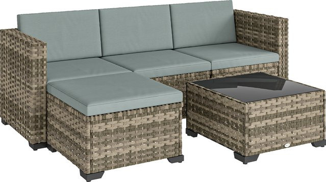 Outsunny 5-teiliges Rattan-Garten-Set in Hellgrau mit Kissen, Ecksesseln, Sessel, Fußhocker und Couchtisch für Terrasse und Garten - Bild 1