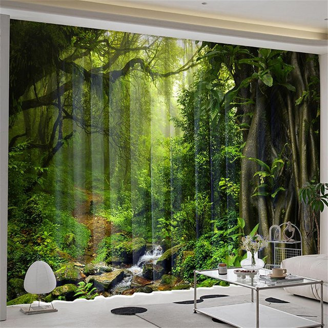 Yiran Furniture Vorhänge mit Natur-Wald-Motiv in Grün, 2er-Set inklusive Haken, Breite: 50 cm, Höhe: 160 cm - Bild 1