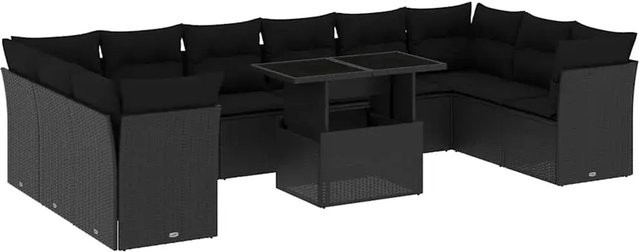 vidaXL 11-teilige Garten-Sofagarnitur in L-Form aus schwarzem Poly-Rattan mit Sitzkissen und Rückenkissen - Bild 1
