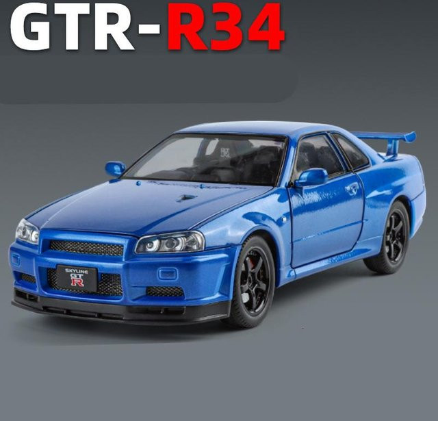 Fourall- Model Cars Nissan Skyline Ares GTR GT-R R34, Sportwagen Modell, 1:24, mit Sound und Licht, blau - Bild 1