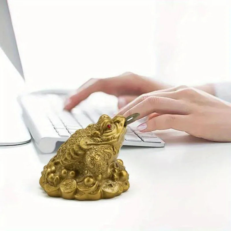 Feng Shui Glückskröte als Dekoration für Wohlstand und Reichtum, goldene orientalische Tischdekoration aus Kunstharz und Metall - Bild 5