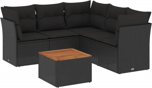 vidaXL 6-tlg Garten-Sofagarnitur in L-Form aus Polyrattan und Akazienholz mit Kissen, Schwarz - Bild 1