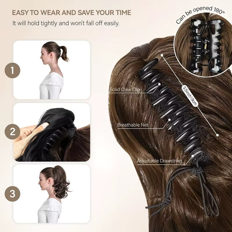 Synthetischer lockiger Haarverlängerungs-Ponytail mit Klammer, Gold, Damen - Bild 4