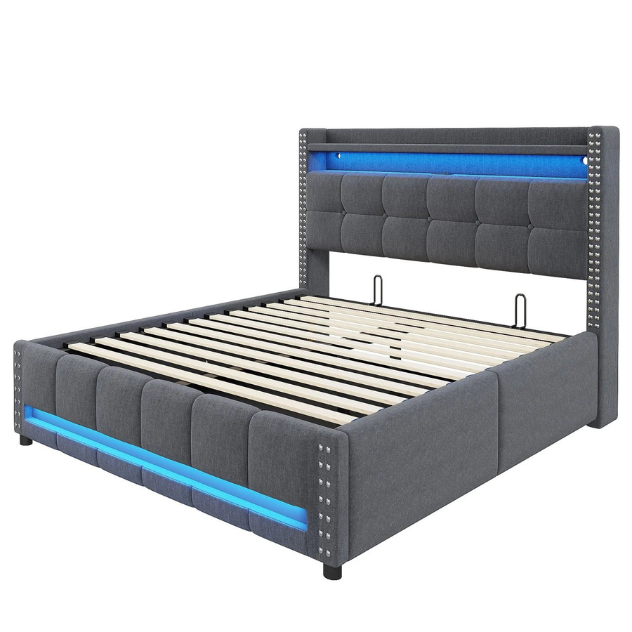 okwish Polsterbett mit LED, USB-C Anschluss und Stauraum durch Hydraulik, Dunkelgrau, B/T/H: 140 x 200 x 115 cm - Bild 2