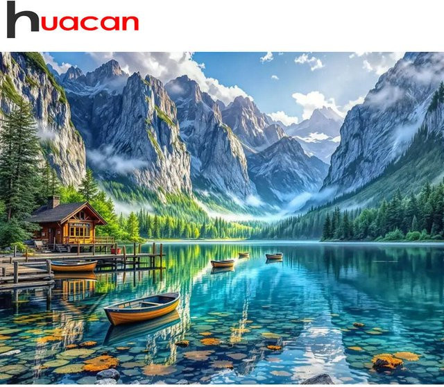 Huacan Landschafts-Diamantgemälde Bergsee 5D-Mosaik-Kunst Stickerei in Multicolour, B/H/T: 30 x 20 x 20 cm - Bild 1