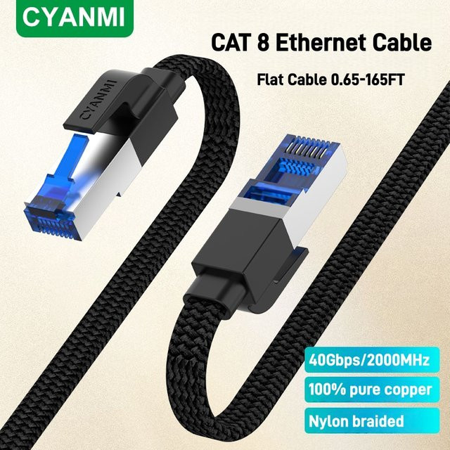CYANMI Cat-8 Ethernet-Kabel, flaches Hochgeschwindigkeits-Netzwerkkabel mit 40 Gbit/s und 2000 MHz, geflochtenes RJ45-LAN-Kabel in Schwarz - Bild 1