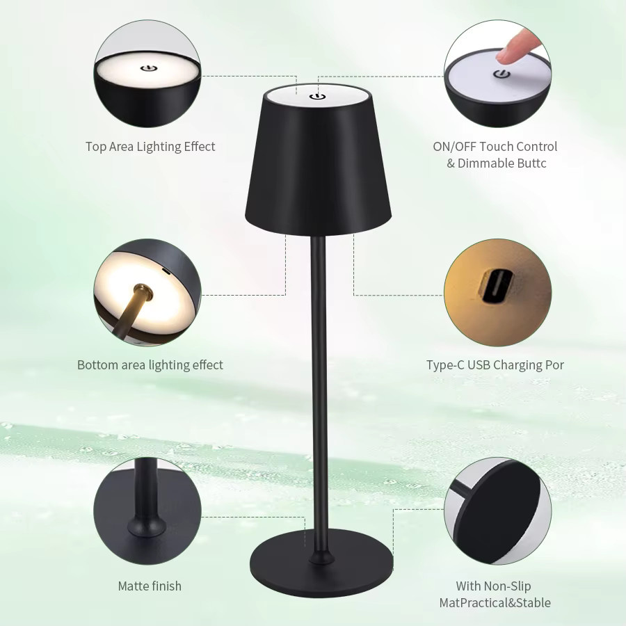 GGBEE Tischlampe Schwarz, Dimmbare Touch-Control LED Tischleuchte mit 3 Farbmodi, USB-C Wiederaufladbar, Minimalistisches Design für Wohnraum und Dekoration - Bild 2