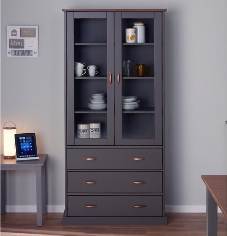 ebuy24 Luzerna Vitrinenschrank aus massivem Kiefernholz mit Glastüren und Schubladen in Grau und Braun im Landhausstil - Bild 5