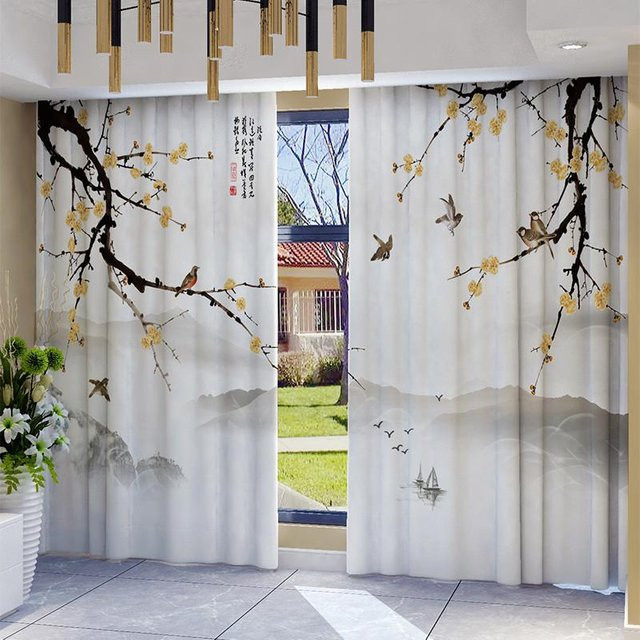 Yiran Furniture 2er-Set Halbverdunkelungsvorhang mit Blumen- und Vogeldruck, Farbe Mehrfarbig, B/H: 70 x 185 cm - Bild 1