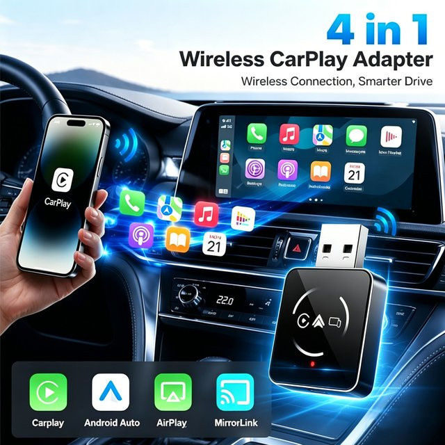 4-in-1 Kabelloser CarPlay und Android Auto Adapter mit Airplay und Mirror Link in Schwarz für USB-Anschluss - Bild 1
