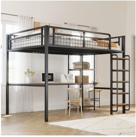 MUVOE Etagenbett aus schwarzem Metall mit Sicherheitsleiter und integriertem Tisch, Breite: 140 cm, Länge: 200 cm