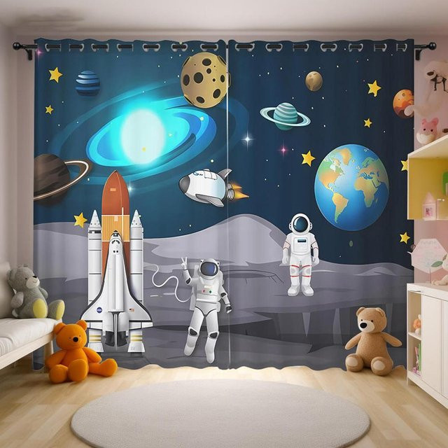 Yiran Furniture Astronauten-Themenvorhänge für Kinderzimmer mit Rakete und Ballons, Weiß/Mehrfarbig, B: 50 cm, H: 60 cm, 2er-Set - Bild 1