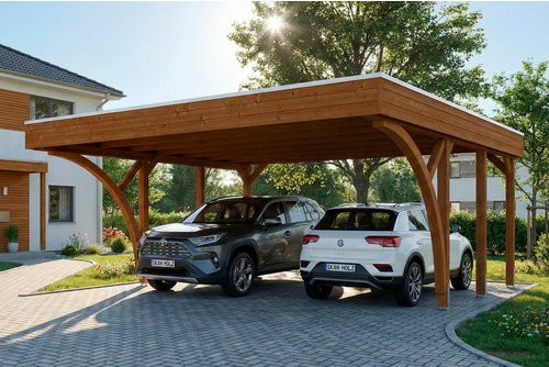 SKANHOLZ Carport Friesland aus Fichte mit zwei Einfahrtsbögen und Flachdach, Farbe: Nussbaum, B: 546 cm, T: 555 cm - Bild 1