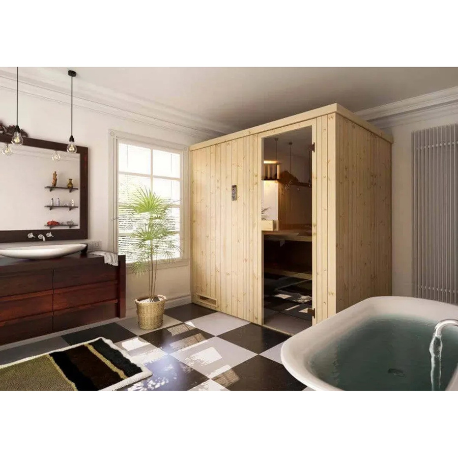 Finntherm Sauna Cenik Natur in Holzoptik mit Glas, Farbe Beige/Braun, B/T/H: 194 x 144 cm, Wandstärke 40 mm - Bild 2
