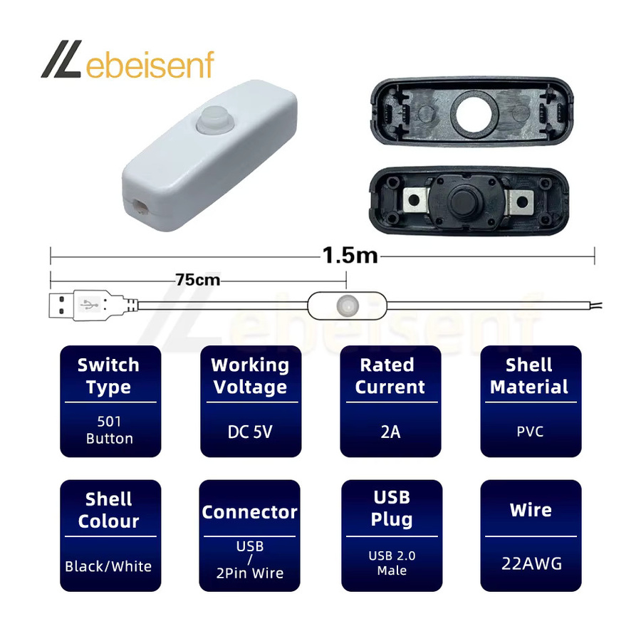 Lebeisenf USB auf 2-Kern Anschluss Kabel mit 5V Schalter für LED Streifen und Lampen, Schwarz, Länge: 1,5 m - Bild 2