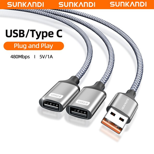 SUNKANDI USB 2.0 A Splitter USB A Stecker auf Dual USB Buchse Hub Verlängerungskabel in Grau - Bild 1