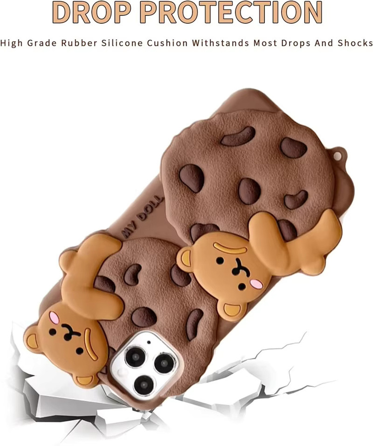 NMEGOU Silikonhülle im Kawaii Cookie Bär Design für iPhone 14 13 12 11 15 Pro Max Plus XS XR X mit Lanyard und Schlüsselanhänger in Braun - Bild 2