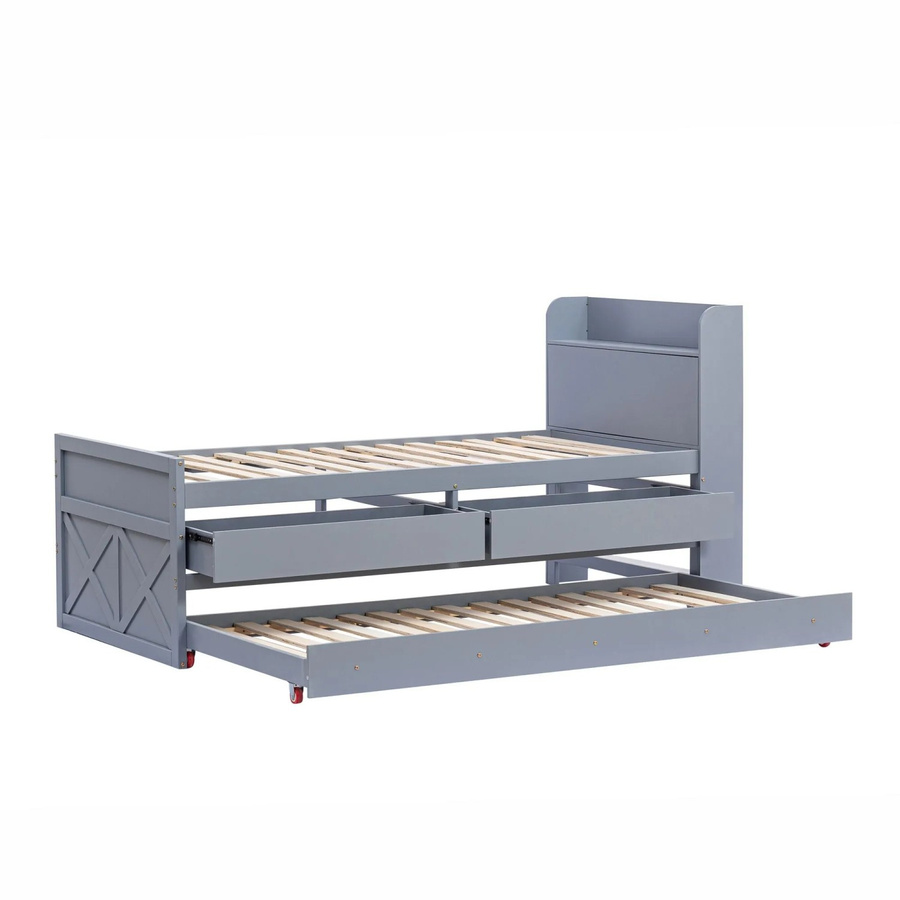 Merax Massivholzbett aus Kiefer mit USB-Anschluss und Schubladen, Grau, B: 90 cm, L: 190 cm - Bild 2