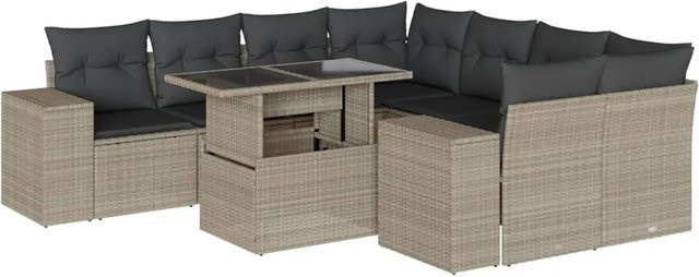 vidaXL 9-tlg. Garten-Sofagarnitur aus Poly-Rattan mit Kissen in Hellgrau - Bild 1