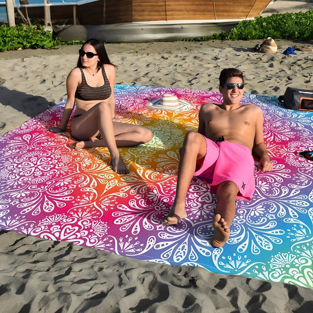 VIKAMA Strandmatte mit Regenbogen-Farbverlauf und Mandala-Muster, sanddicht und faltbar, Multicolour - Bild 1