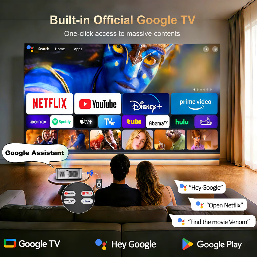 HORLAT T09MAX Google TV 4K Projektor mit 40000 Lumen, WiFi6 und Bluetooth 5.2, Autofokus, Native 1080P Full HD Heimkino Filmprojektor - Bild 1