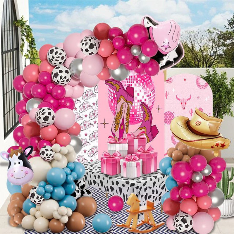 116-teiliges Western-Cowboy Ballonbogen-Set zur Dekoration für Geburtstage in Khaki, Rosa, Blau und Mehrfarbig mit Cowboyhut-Aluminiumfolienballons und Latexballons - Bild 1
