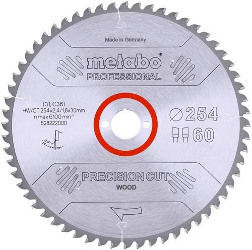 Metabo Precision Cut Wood Professional Hartmetall Kreissägeblatt, Farbe: Silber, Durchmesser: 254 mm, Bohrung: 30 mm, Zähneanzahl: 60 - Bild 1