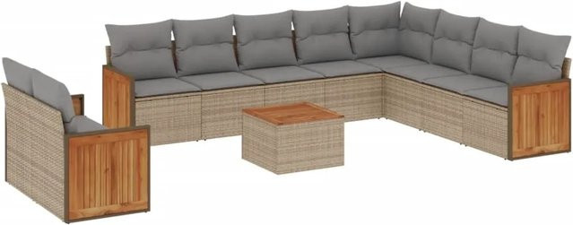 vidaXL 11-tlg. Garten-Sofagarnitur in L-Form mit Kissen und Couchtisch, Beige, Poly-Rattan und Metallgestell - Bild 1