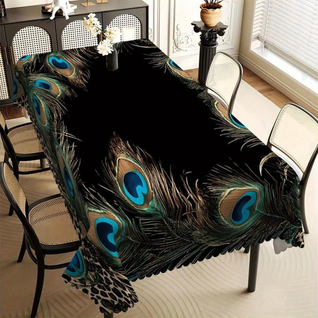 Schwarze Tischdecke mit Pfauenfeder-Print von JMG Household Supplies, wasserabweisend und waschbar, B/B: 140 x 220 cm - Bild 1